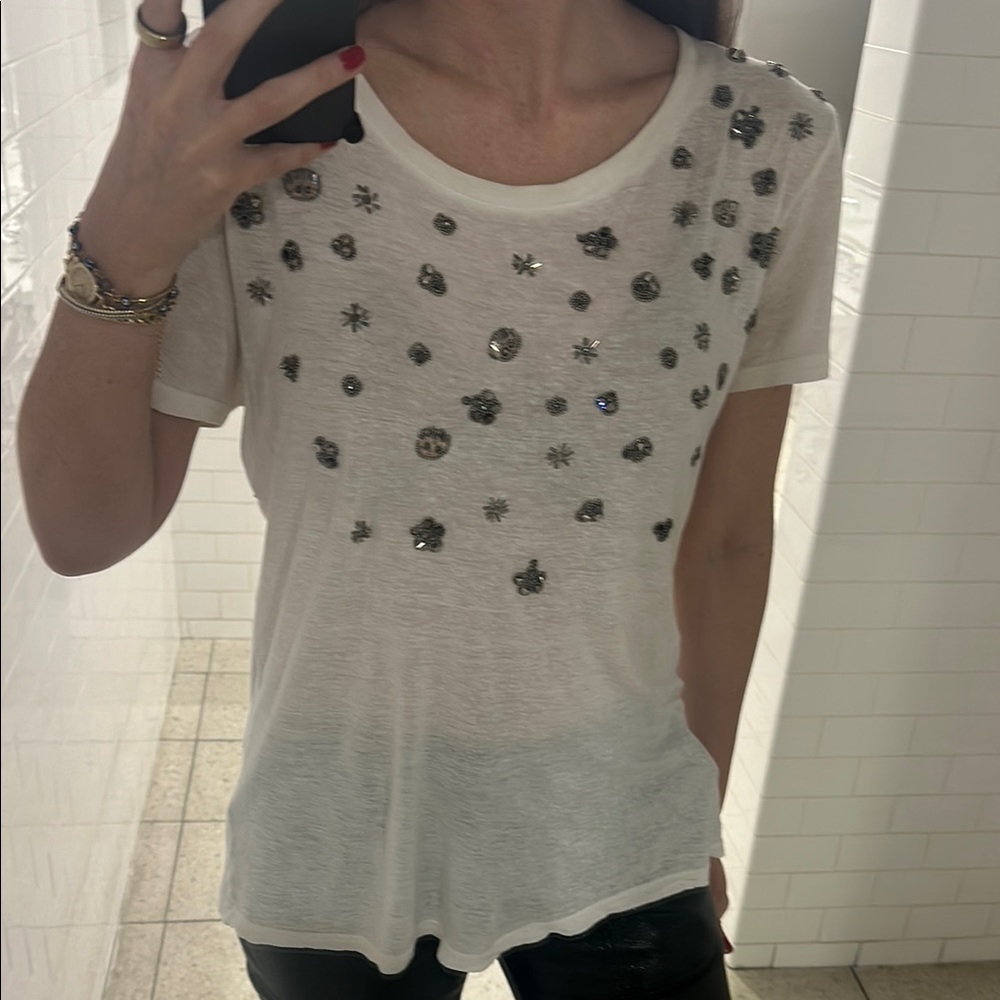 Cream and Black Crew Neck Embellished T-Shirt the Kooples size small